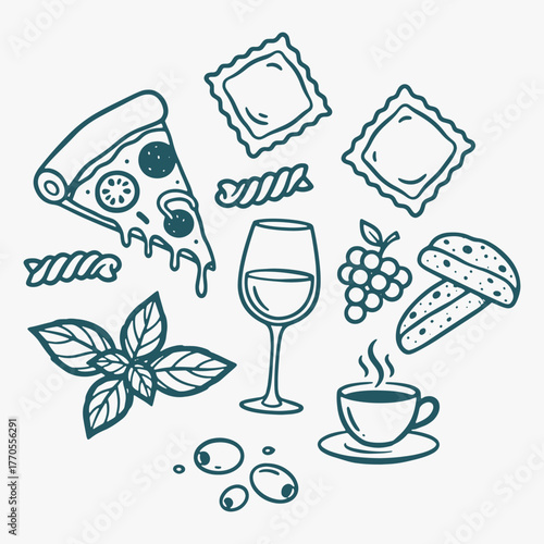 The flat design for the Italian food set. Perfect for print: design menus, stickers, and icons. Focus on fresh, healthy ingredients.