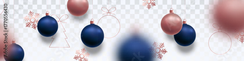 Colorful ornaments in various sizes create festive and joyful atmosphere. Blue and rose gold balls. Xmas banner. 