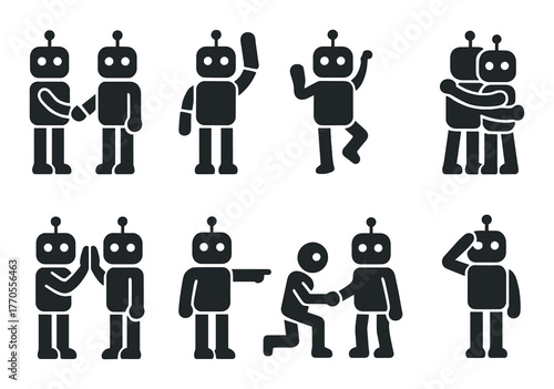 Set of silhouette robots displaying various gestures on dark background
