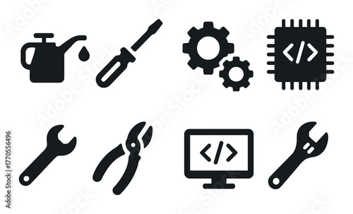 Monochrome tool and technology icons: gear, code, screwdriver, wrench on black background