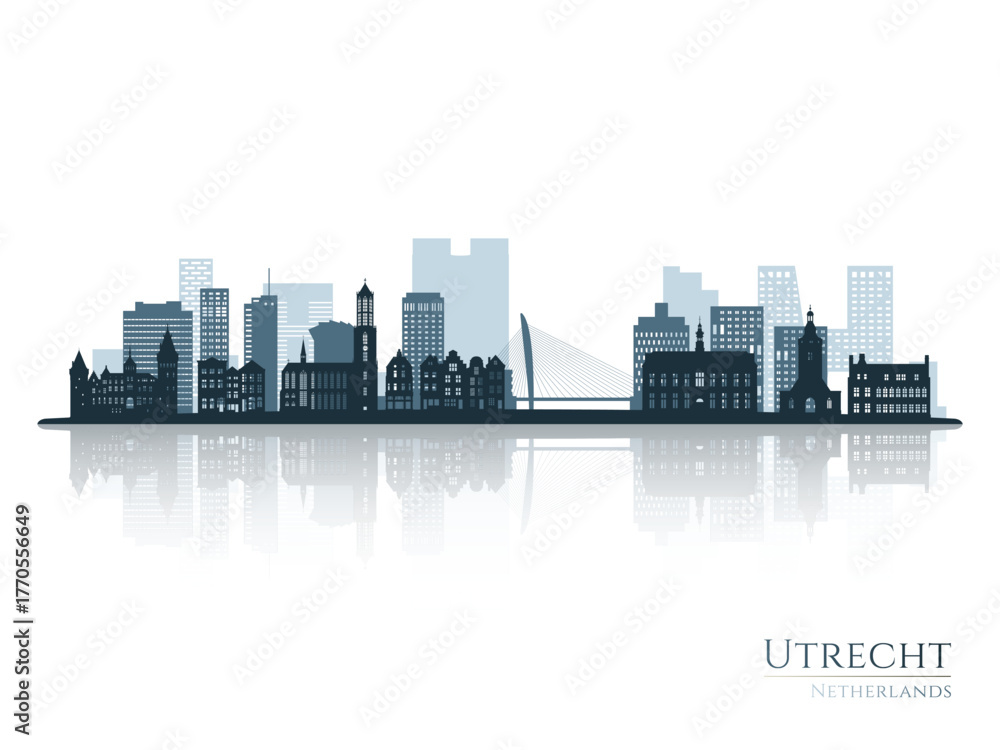 Naklejka premium Utrecht skyline silhouette with reflection. Landscape Utrecht, Netherlands. Vector illustration.