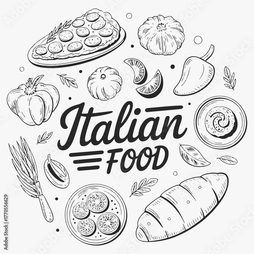 The flat design for the Italian food set. Perfect for print: design menus, stickers, and icons. Focus on fresh, healthy ingredients.