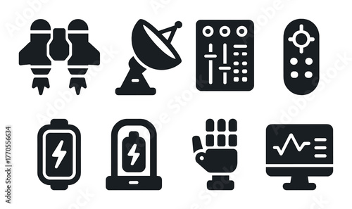 Futuristic technology icons: satellite, drone, remote, battery, robotic hand, monitor