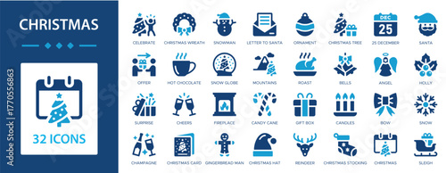 Christmas flat icons collection. Holiday, snow, Xmas, Santa Claus, christmas tree, angel, celebrate, gift box sign set.