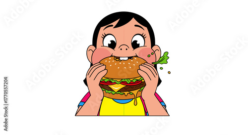 Illustration of a cartoon girl with black hair eating a large burger with lettuce and cheese happily