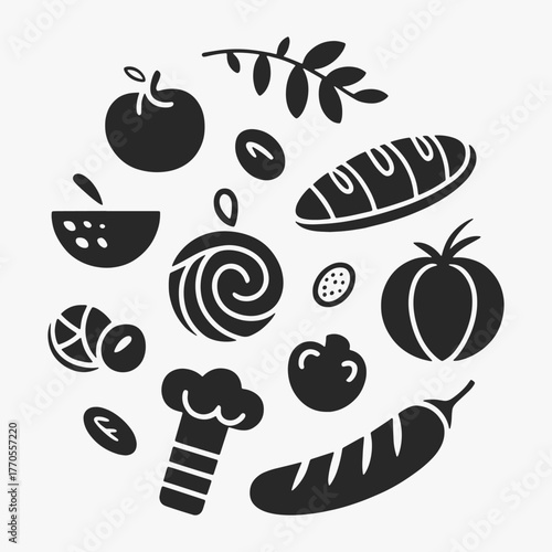 The flat design for the Italian food set. Perfect for print: design menus, stickers, and icons. Focus on fresh, healthy ingredients.