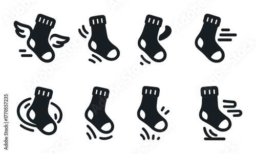 Set of eight sock icons with wings and motion elements on dark background