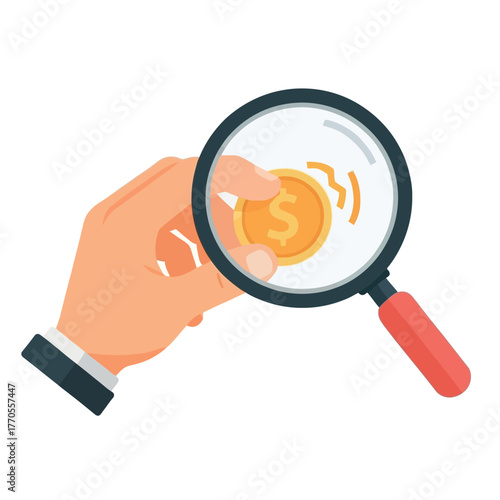 Financial Investigation Hand holding a magnifying glass examining a coin, focusing on monetary value, wealth, and economic analysis