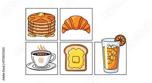 Illustration of breakfast foods including pancakes croissant coffee toast and orange juice in separate frames