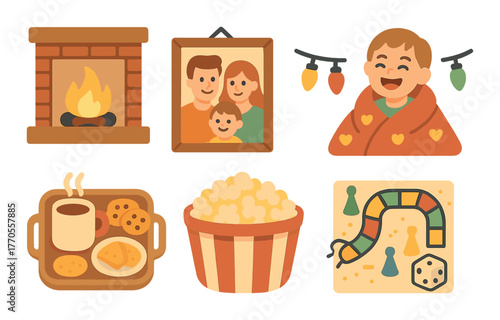Cozy family winter evening with fireplace, snacks, and games