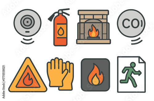 Fire safety icons: extinguisher, alarm, fireplace, sign, gloves, co detector, exit
