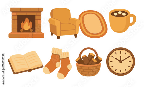 Cozy autumn symbols with fireplace, armchair, hot drink, and warm accessories