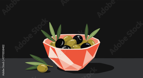 A vibrant bowl of fresh green and black olives, adorned with olive branches, rests on a dark surface in a minimalist still life setting.