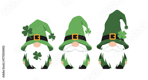 Three adorable St. Patrick's Day gnomes wearing green hats, belts with buckles, and shamrocks, standing on a white background, perfect for holiday celebrations.