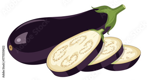 A vibrant purple eggplant accompanied by neatly cut slices showcasing its interior, perfect for food preparation and healthy eating concepts.