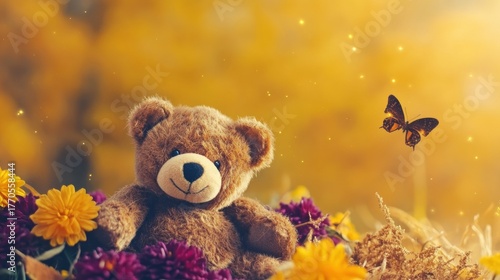 Soft teddy bear surrounded by colorful flowers under sunny sky