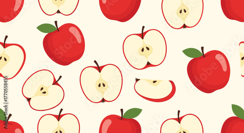Seamless pattern with fresh red apples, including whole fruits, halves revealing seeds, and quarter slices, on a light cream background.