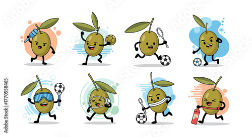 A collection of cute cartoon olive characters engaging in various energetic sports and fitness activities, showcasing a healthy and active lifestyle.