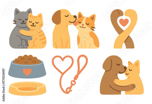 Cute animal pairs: cats and dogs with love hearts and accessories