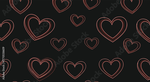 Seamless pattern of glowing, outlined hearts with a distressed texture on a dark background, conveying love and romance.