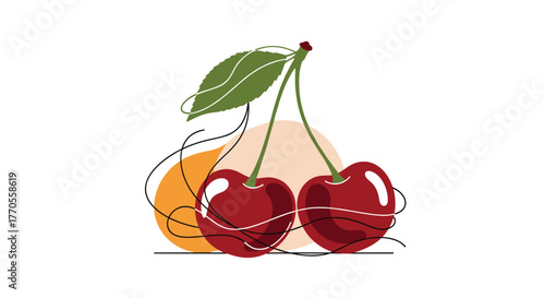 Modern abstract fruit illustration featuring vibrant red cherries, a green leaf, and an orange fruit with swirling decorative lines.