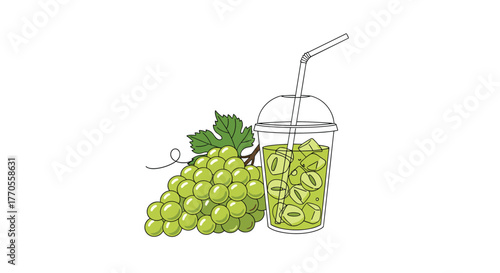 A vibrant illustration featuring a lush bunch of green grapes alongside a refreshing iced green drink in a plastic cup with a straw.