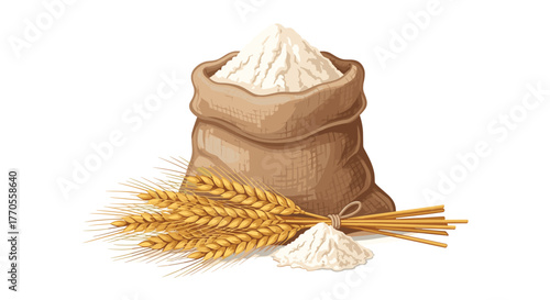 A burlap sack overflowing with white flour sits alongside golden wheat stalks and a small pile of flour, representing essential baking ingredients.