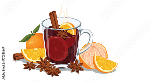 Steaming mulled wine in a clear glass mug, garnished with orange slices, cinnamon sticks, and star anise, surrounded by fresh citrus.