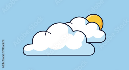 Cartoon illustration of a bright yellow sun peeking from behind two white clouds against a light blue sky, symbolizing partly sunny weather.