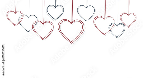 Hanging heart outlines in various shades of red and blue create a charming decorative border on a clean white background.