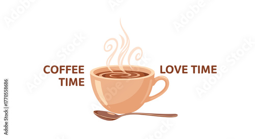 A warm cup of coffee with steam rising, accompanied by a spoon, suggesting a cozy break, a perfect moment for connection and enjoyment.