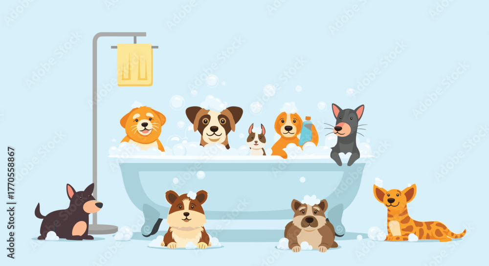 Fototapeta premium A cheerful group of diverse dogs enjoying a bubbly bath at a pet grooming salon, with some waiting patiently on the floor.