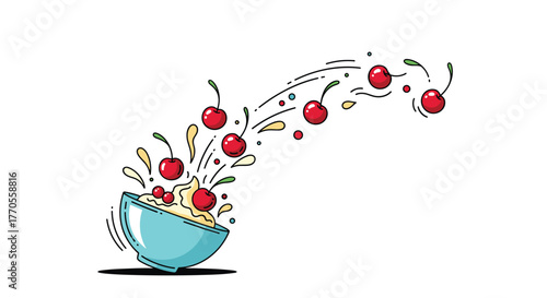 Red cherries and creamy liquid dynamically splash and fly out of a light blue bowl, illustrating fresh fruit ingredients in motion.