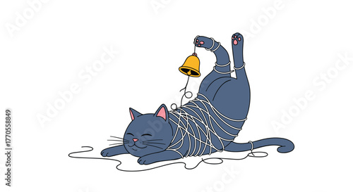 A contented blue-grey cat, happily caught in a tangle of white string, holds a small golden bell with its raised hind leg.