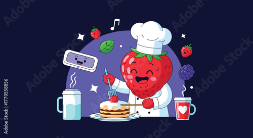 A happy strawberry chef decorates a delicious layered cake, surrounded by fresh berries, butter, and hot beverages in a whimsical kitchen.