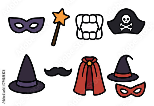 Assorted halloween costume accessories with masks, hats, and vampire teeth