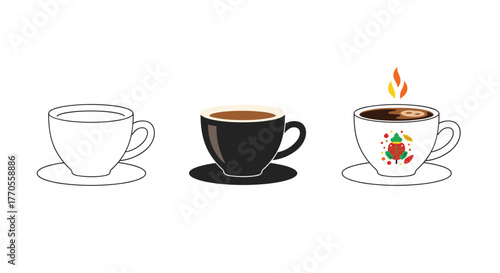 Three stylized coffee cups presented in a row, depicting an evolution from simple line art to a decorated, steaming drink.