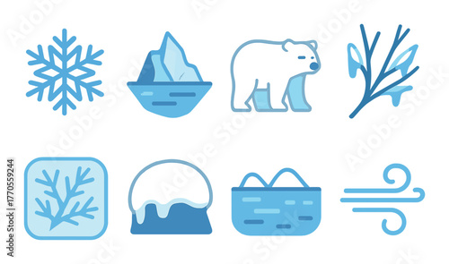Winter icons: snowflake, iceberg, polar bear, snow-covered, branch, coral, iceberg, fog, wind