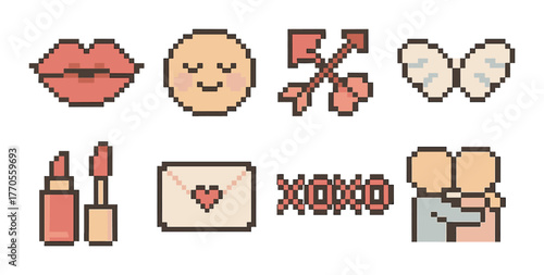 Vintage pixel art: romantic icons with lips, heart, and cupid's arrows