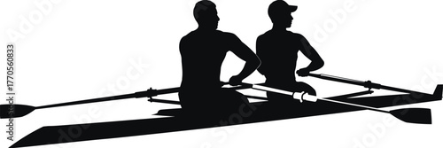 Vector silhouette illustration of two people rowing in sculling boat for teamwork concept, water sport theme, and synchronized motion design layout