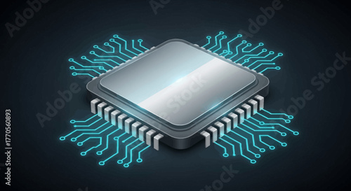 Isometric view of a CPU microprocessor with glowing electronic pathways