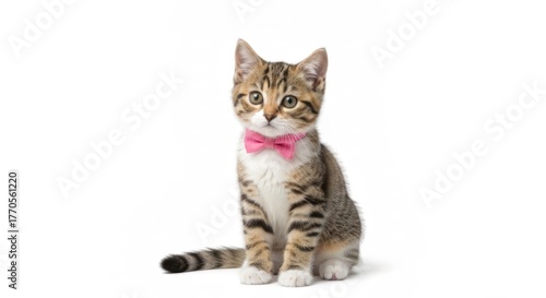 Tabby kitten with pink bow tie sitting on a white background