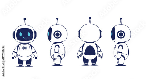 Cute cartoon robot design in multiple views, perfect for technology and AI concepts.