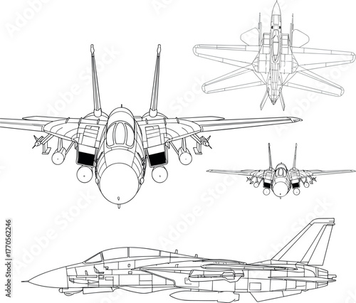F-14 Tomcat Fighter Jet Technical Line Art Vector Set