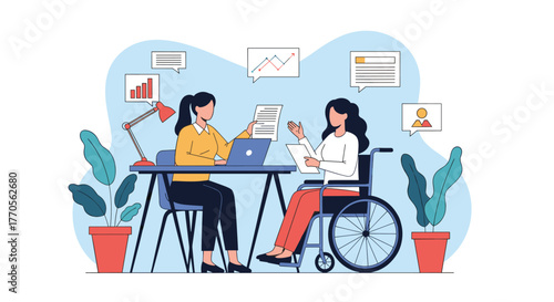 Two women working together at a desk, one using a wheelchair, in a diverse and inclusive workplace setting.