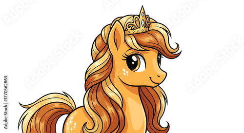Whimsical equine royalty: A cartoon pony princess with golden mane and jeweled crown adornment