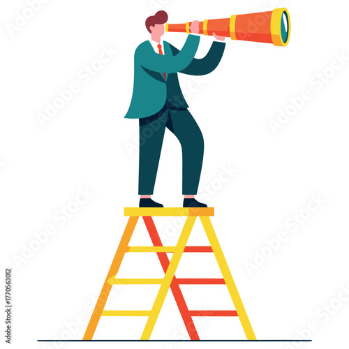 Male figure with telescope on ladder observing distant horizons