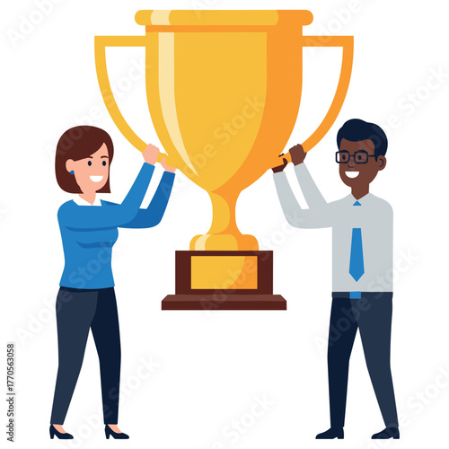 Diverse team of young adults celebrating victory with large trophy