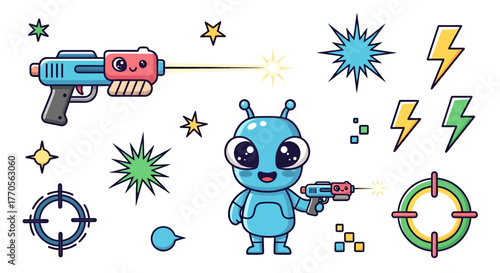 Whimsical space adventure featuring a cute alien character with laser guns and cosmic elements