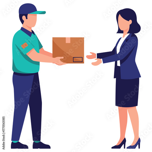 Delivery man handing package to businesswoman in office